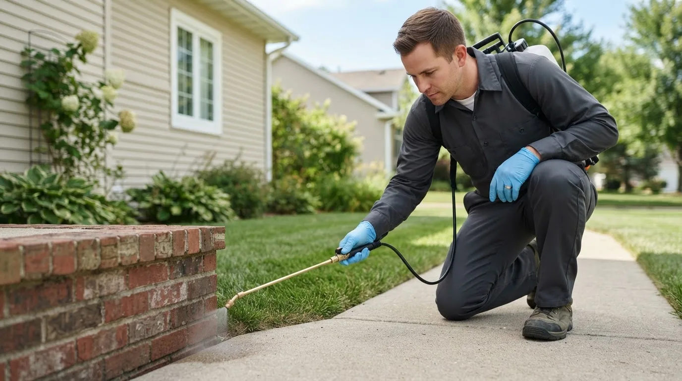 Pest control technician treating a home near Needville, TX