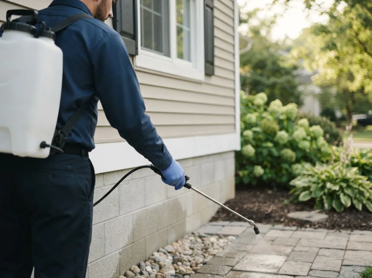 Pest control technician inspecting a home in Needville, TX